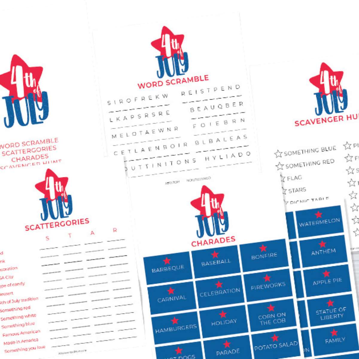 Photo collage of 4th of July games pages.